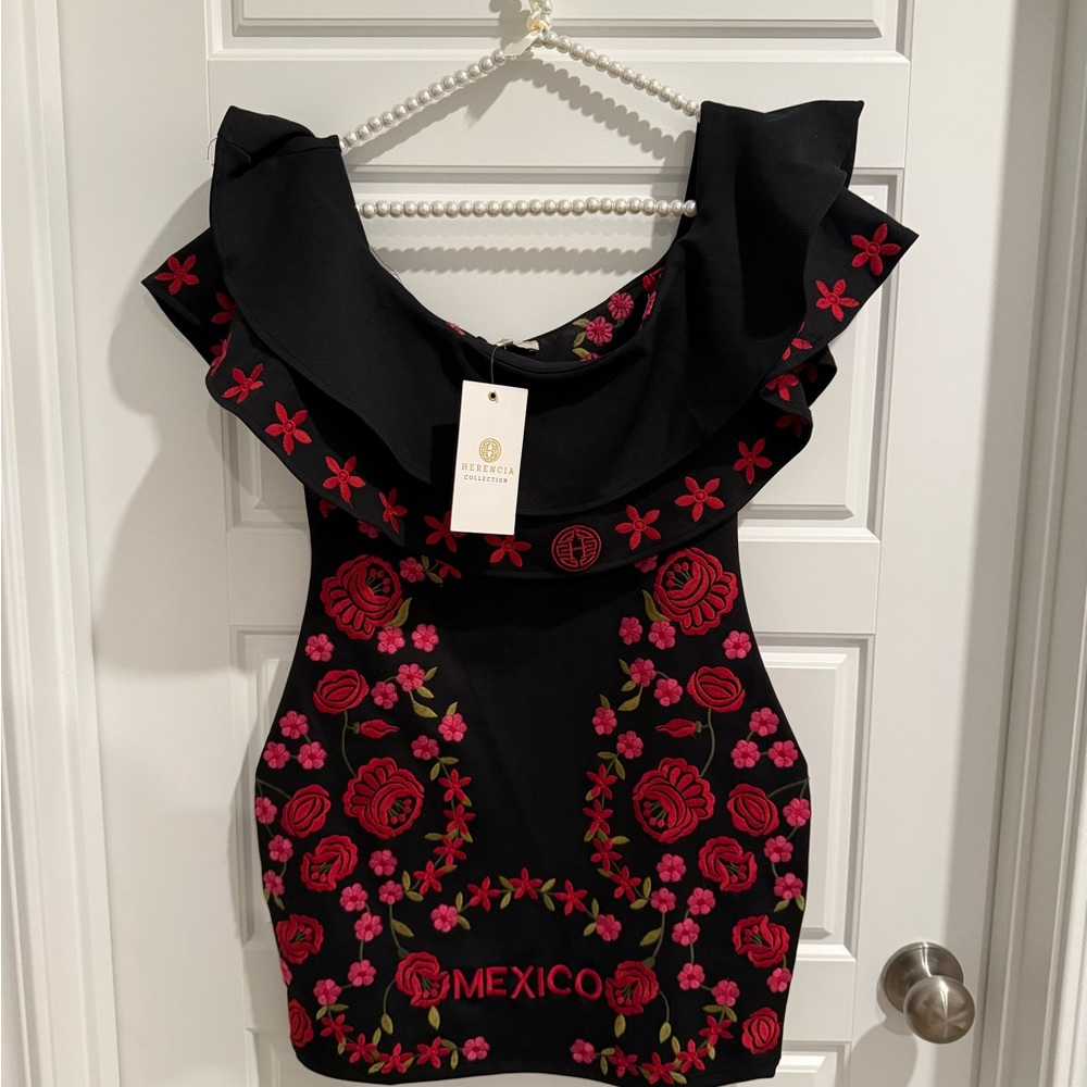 Black Dress with Red Floral Embroidery